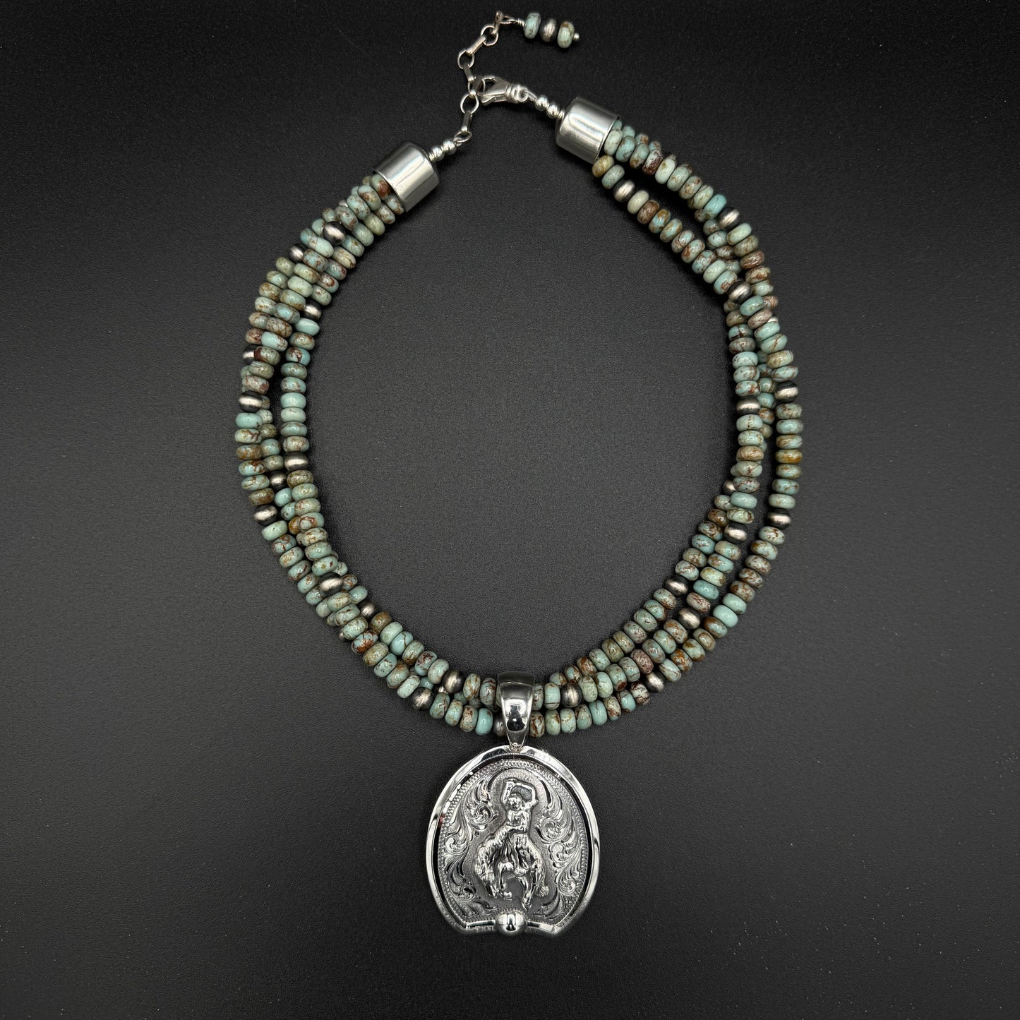 Triple Strand Turquoise Necklace with Bronc Pendant