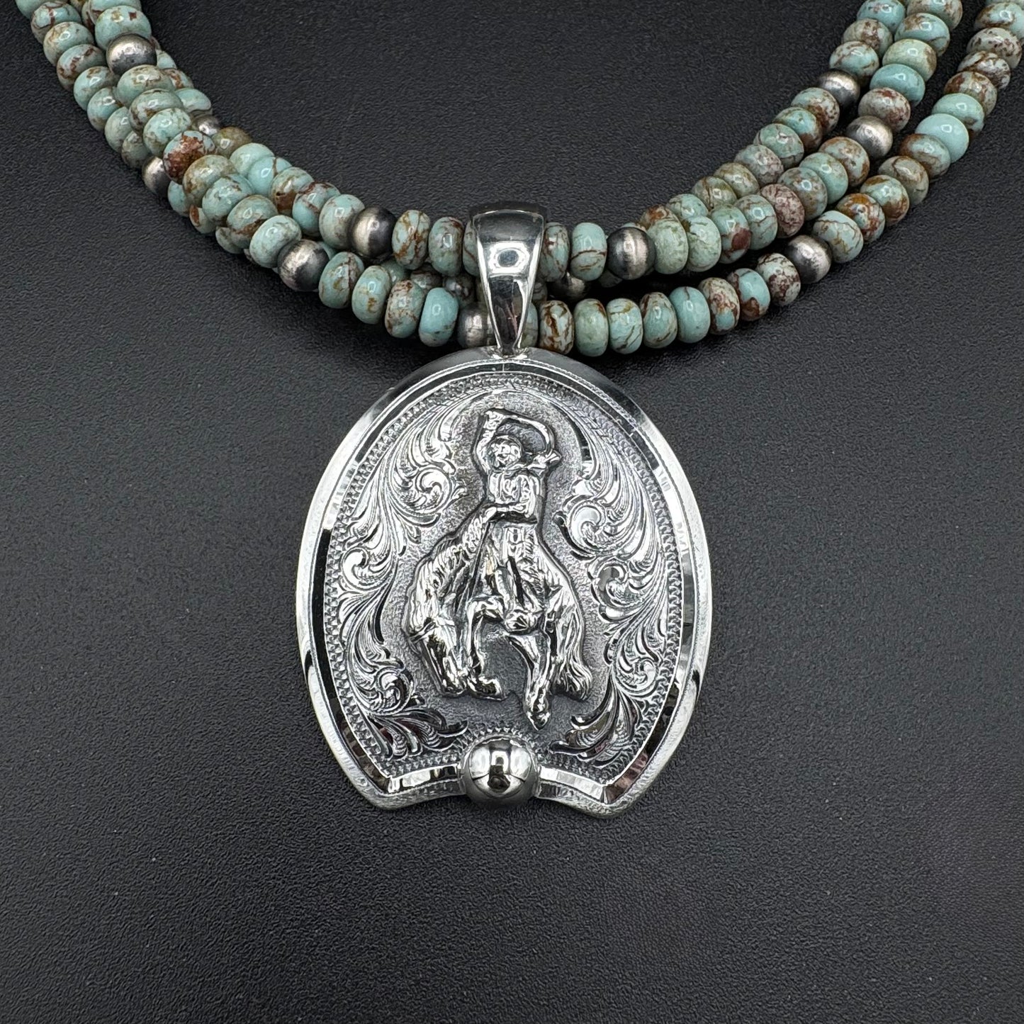 Triple Strand Turquoise Necklace with Bronc Pendant