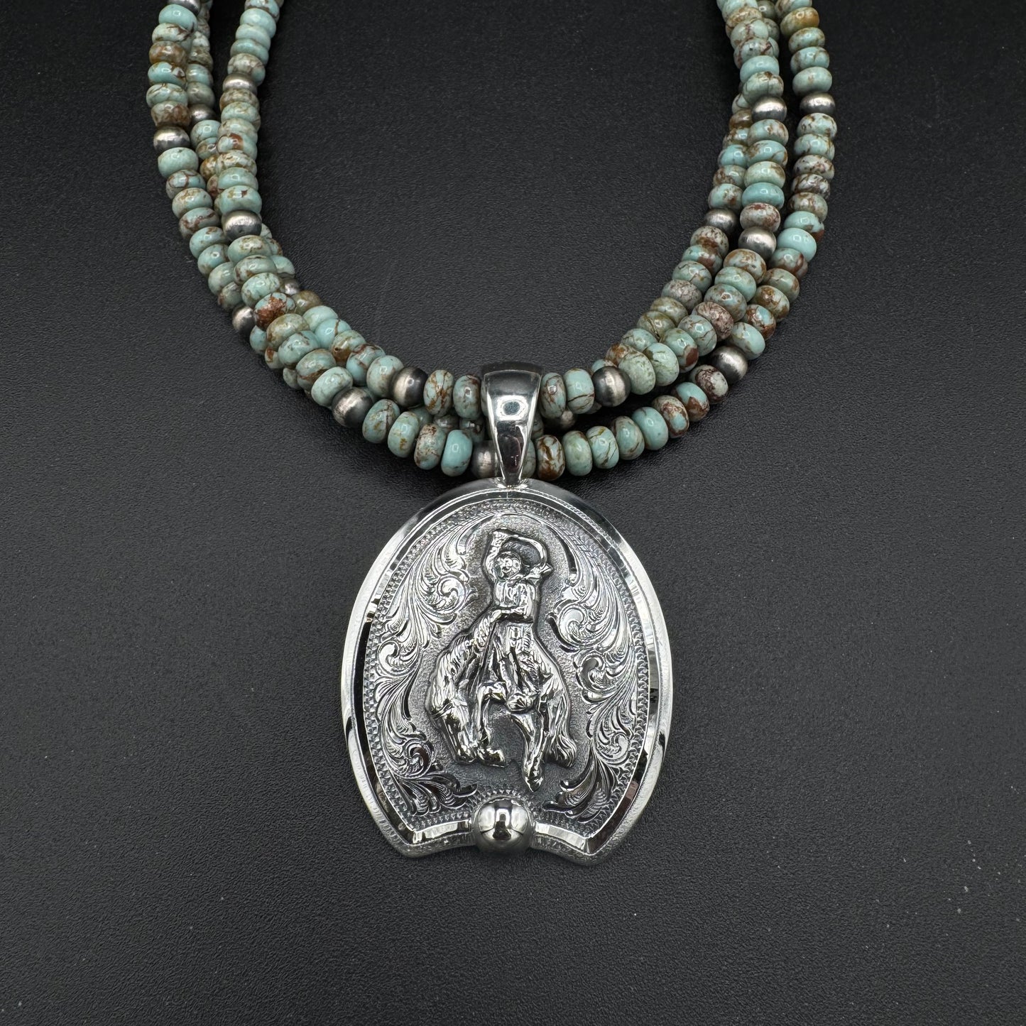 Triple Strand Turquoise Necklace with Bronc Pendant